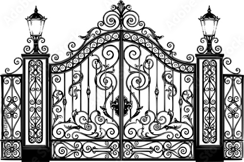 Elegant vector illustration of ornate wrought iron gate with detailed lamp posts and design
