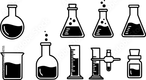 Outlined vector illustration of assorted glass bottles filled with liquid for alchemy or science
