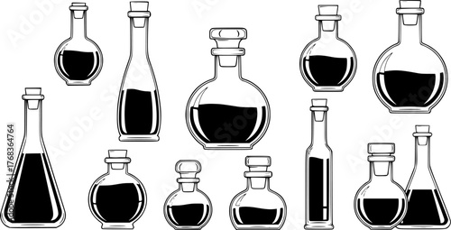 Outlined vector illustration of assorted glass bottles filled with liquid for alchemy or science
