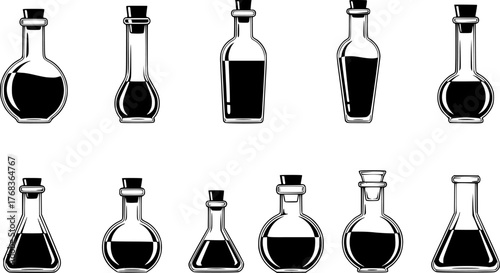 Outlined vector illustration of assorted glass bottles filled with liquid for alchemy or science
