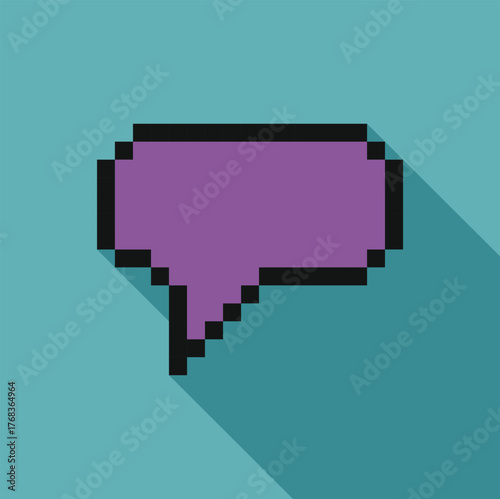 Purple pixel art dislike symbol with long shadow on a turquoise background, representing negative feedback or disapproval in digital communication