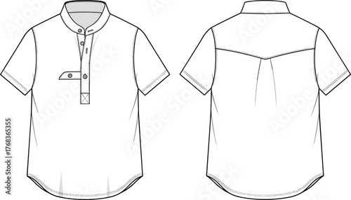Short sleeve band collar shirt technical flat sketch front and back view with button placket yoke pleat curved hem design