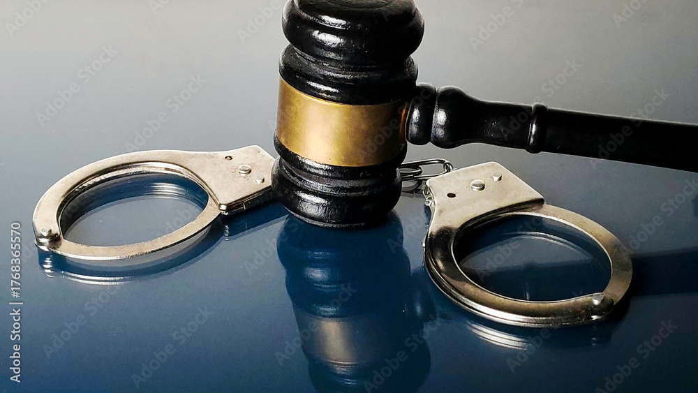 Naklejka premium Judge's Gavel Resting on Handcuffs Symbolizing Law, Criminal Justice, and Punishment