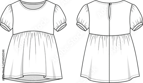 Technical flat sketch of girl's puff sleeve dress with gathered skirt, round neckline, keyhole back, fashion design vector template.