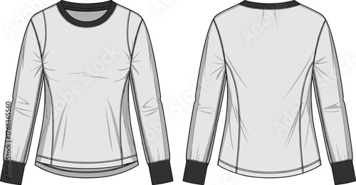 Technical flat sketch of long sleeve crew neck shirt with ribbed collar and cuffs, front and back fashion design view
