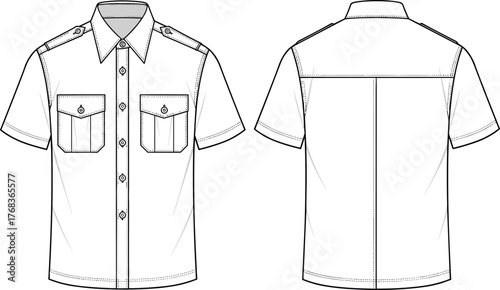 Technical flat sketch of short sleeve button-up shirt with epaulets, chest pockets, back yoke, and detailed garment construction lines.