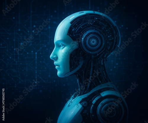 Futuristic humanoid robot with glowing digital circuits and AI concept