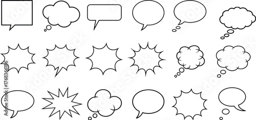 Comic speech bubbles and thought clouds collection, blank dialogue and explosion shapes, pop art design elements, outline communication icons for cartoon and graphic illustration