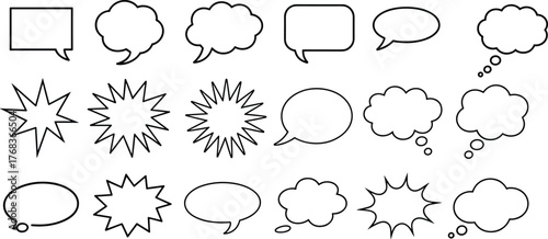 Comic speech bubbles and thought clouds set, blank dialogue balloon collection, cartoon explosion shapes, pop art communication symbols, outline design for comic illustration