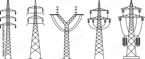Electric power transmission towers, high voltage pylons, energy infrastructure, electricity grid system, industrial engineering design, power line network, steel lattice structures, 