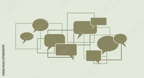 Abstract communication concept with overlapping speech bubbles and geometric lines graphic