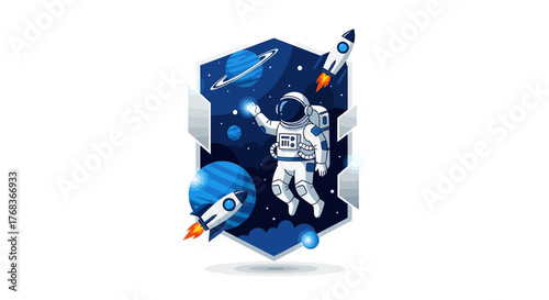 Astronaut floating in outer space exploring planets and rocket ships in a cosmic scene