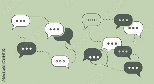 Conceptual communication diagram featuring interconnected speech bubbles and messages