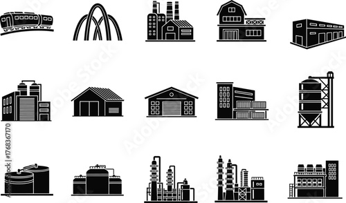 Industrial building icons set, factory and warehouse symbols, manufacturing plant illustrations, refinery and storage tanks vector, production industry elements, black silhouette design collection