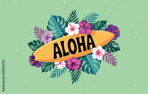 Aloha poster or banner template. Summer template featuring plants, flowers, and surfing. Tropical summer landscape.