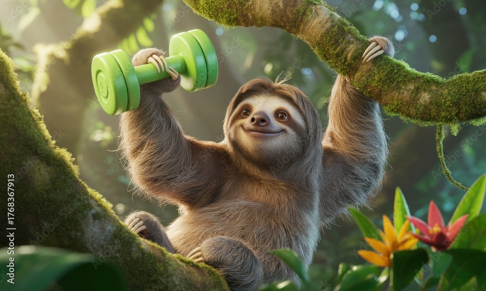 Obraz premium A cartoon sloth, in a lush jungle setting, holds a green dumbbell aloft, exuding happiness and a healthy lifestyle