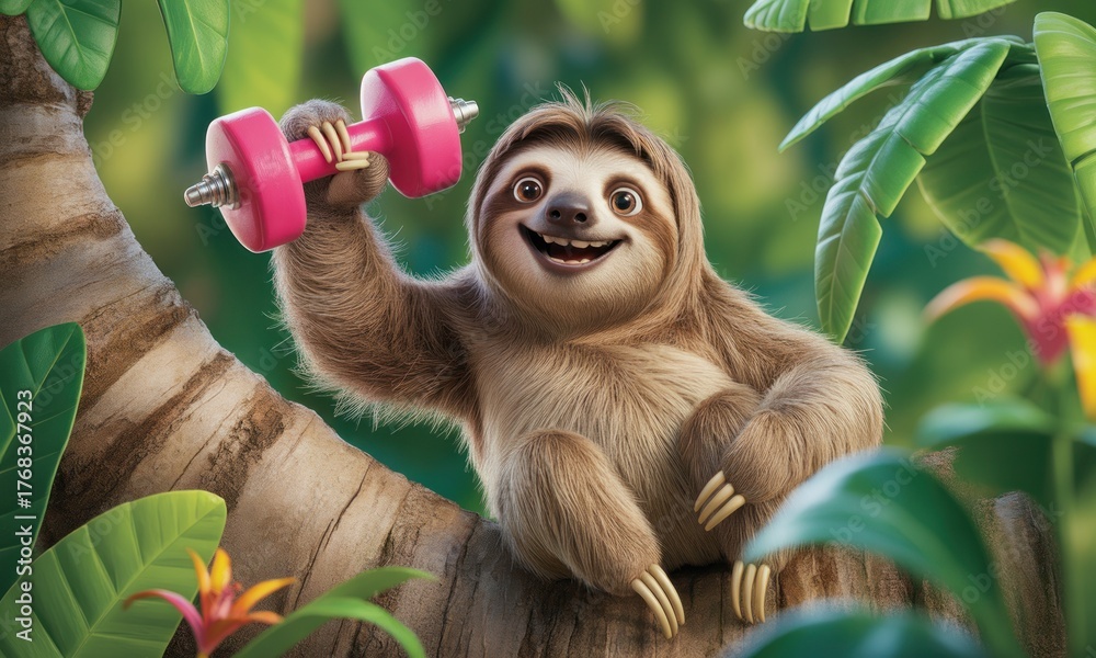 Obraz premium A cartoon sloth sits on a tree branch, holding a pink dumbbell. Tropical jungle foliage surrounds it