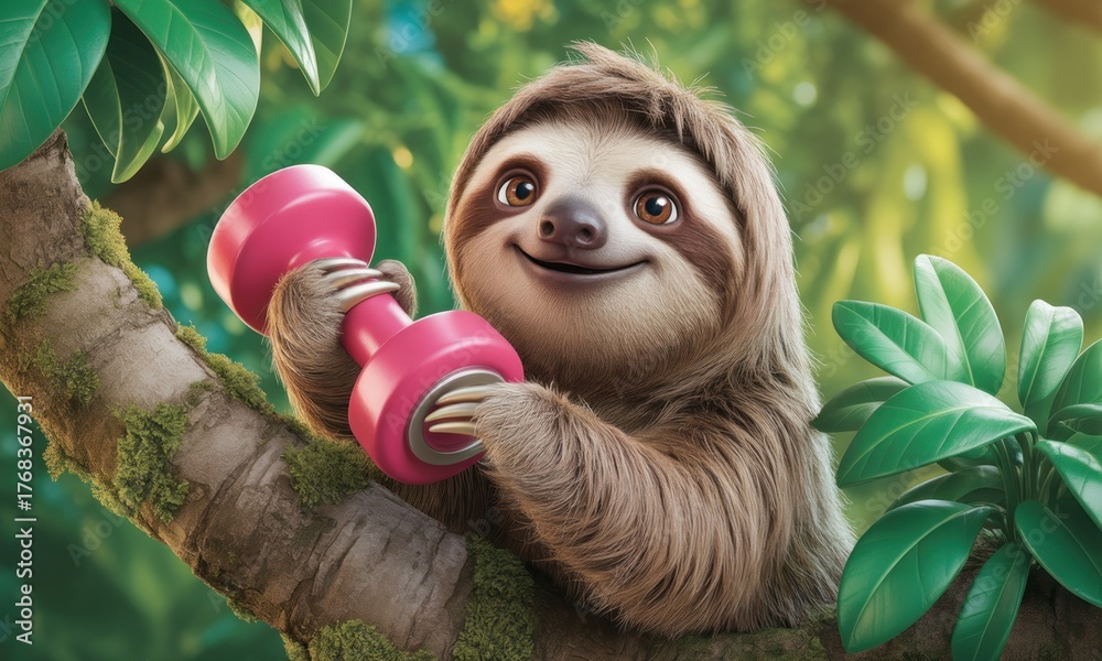 Obraz premium A cartoon sloth with a pink dumbbell, perched in a lush jungle