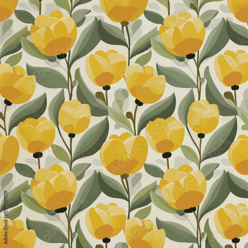A cheerful and stylized repeating pattern of golden-yellow tulips with olive-green leaves, set against a light background, evoking a retro charm.