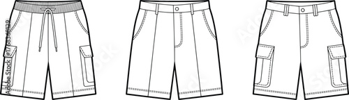 Men’s shorts flat sketch, cargo and casual shorts design, fashion technical drawing, apparel vector template, summer clothing outline, garment CAD illustration, pocket shorts pattern