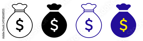 Set of money bag icons with dollar sign, outline and solid styles, isolated on transparent vector 