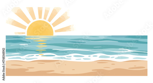 A peaceful flat 2D vector watercolor painting style beach landscape featuring the sun brightly shining over the serene ocean water, isolated on a clean white background.