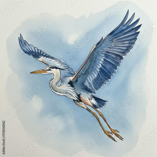 A great blue heron in watercolor character illustration.