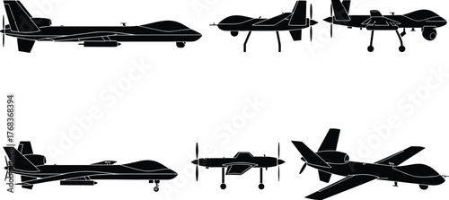 Military drone aircraft silhouette set, unmanned aerial vehicle vector illustration, modern UAV technology concept, surveillance and defense aviation design, black aircraft collection for stock image