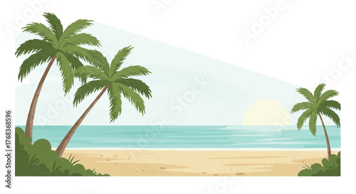 Flat 2D vector illustration of a tropical seaside view featuring lush palm trees and ocean waves, enhanced with a soft watercolor texture against a clean white background.