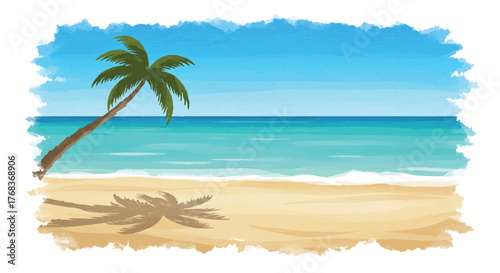 Tranquil tropical beach scene in a flat 2D vector illustration, featuring bright white sand meeting clear turquoise ocean water under a sunny sky, stylized with a soft watercolor texture.