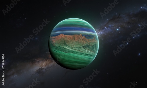 A colorful exoplanet with layered atmosphere and visible surface terrain against a starry backdrop