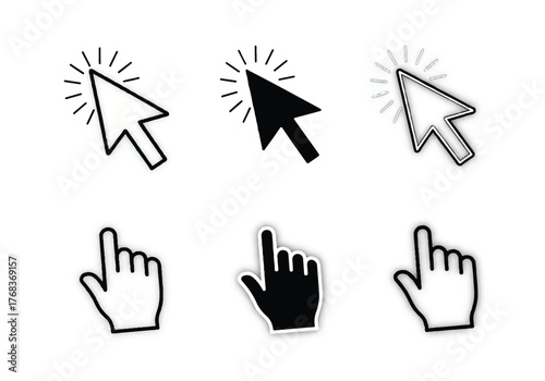 Set of cursor and hand pointer icons for user interface design, isolated on white background, offering a variety of options for interactive elements