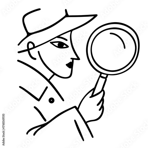 Woman detective with magnifying glass - minimalist comic sketch 