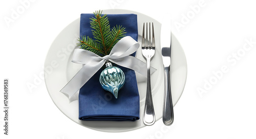 Elegant christmas table setting with blue napkin and ornament isolated on transparent background