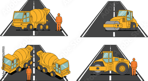 Road construction vehicles with workers, asphalt roller and cement mixer trucks on highway, roadwork machinery illustration for construction site, transportation, and civil engineering projects
