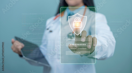 Female doctor using tablet with login shield icon, illustrating medical data security, cybersecurity, privacy protection and secure healthcare system access.