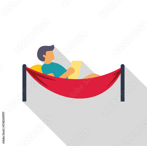 Man is lying in red hammock and reading a book, enjoying his leisure time