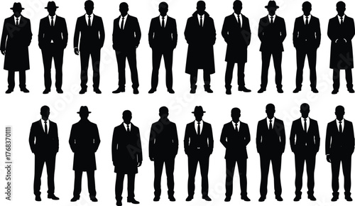 Silhouette of businessmen wearing suits and trench coats, standing poses collection, formal fashion vector illustration, professional male figures, stylish corporate people design