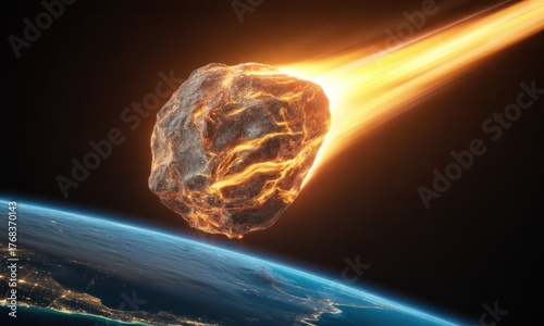 A flaming meteor streaks across a dark sky, heading toward a glowing, blue and earth