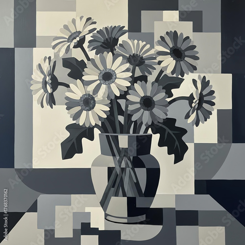 A vase of daisy, deconstructed in a Cubist style.