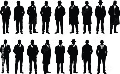 Silhouette collection of business men in formal suits and trench coats, professional male figures, isolated vector illustration, stylish businessman poses, corporate fashion design