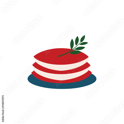 Minimalist stack of red pancakes or crepes with white filling and green sprig decoration vector
