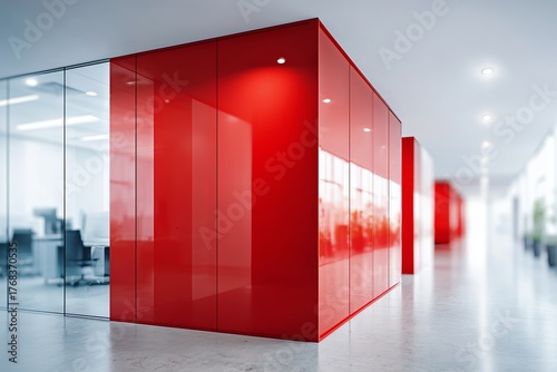 Hallway with red modular walls and glass partition in modern office building. Contemporary workspace interior design for business companies.