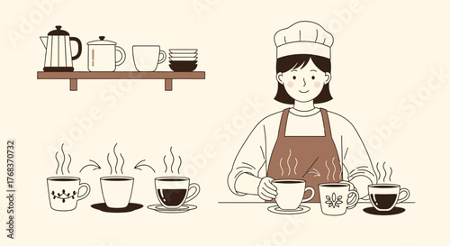 A delightful coffee preparation with a smiling chef surrounded by steaming cups