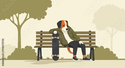 A dog with human characteristics sitting on a bench with a skateboard in a park scene illustration