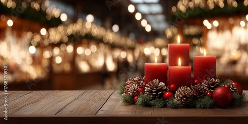 Festive arrangement of red candles surrounded by pine cones and ornaments on a wooden table, with a blurred background of holiday market lights creating a warm atmosphere
