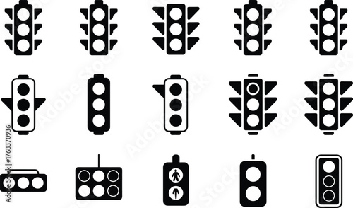 Traffic light icons collection, black and white stoplight symbols, road safety and transport signal set, urban street control and intersection regulation design illustration