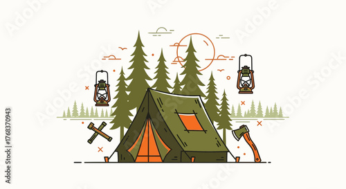 Camping in the wilderness with tent, lanterns, axes and forest illustration style