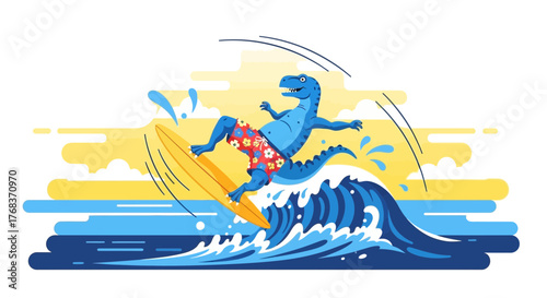 Cartoon dinosaur character surfing a wave, vibrant summer illustration showcasing playful dinosaur