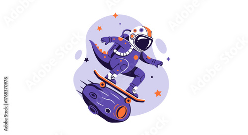 Cartoon Astronaut Dinosaur Skateboarding on a Planet Illustration for Kids and Adults